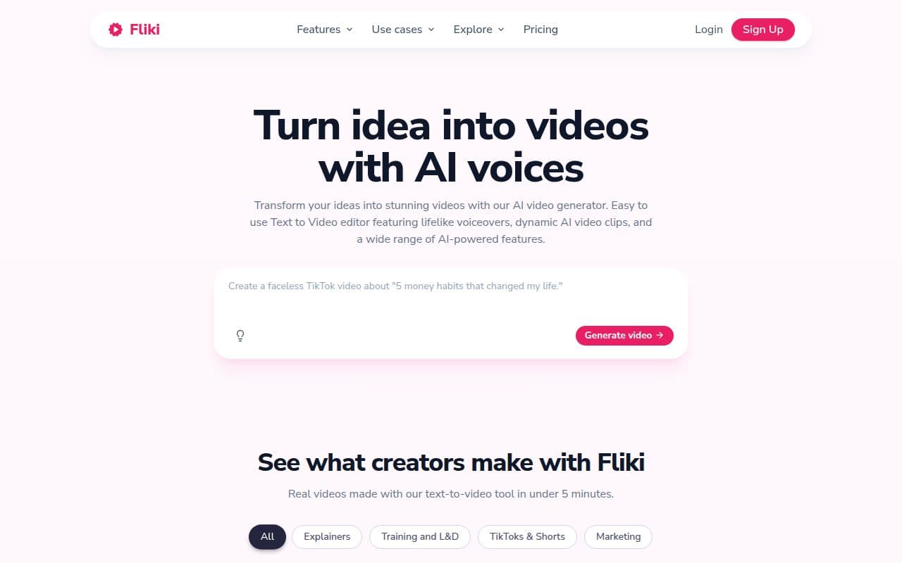 Скриншот интерфейса Fliki - ИИ генератор видео
