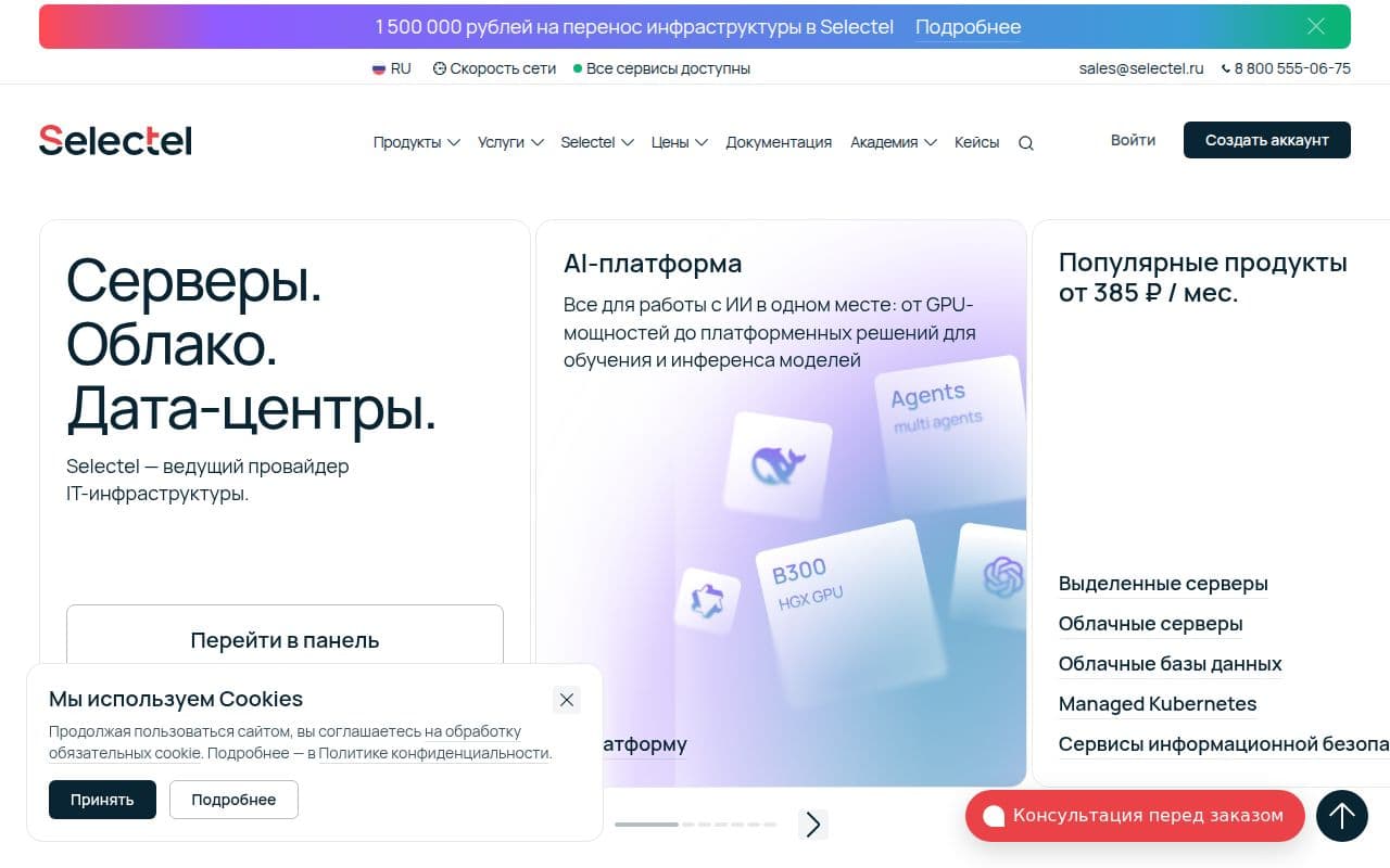 Скриншот интерфейса Selectel